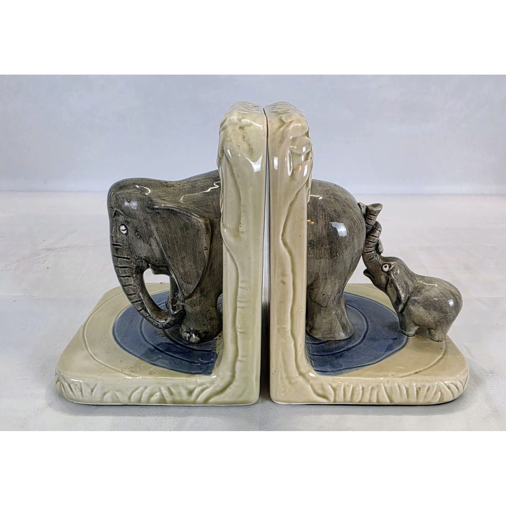 Quon Quon Porcelain Elephant Mom and Baby Japanese Bookends Original Stickers